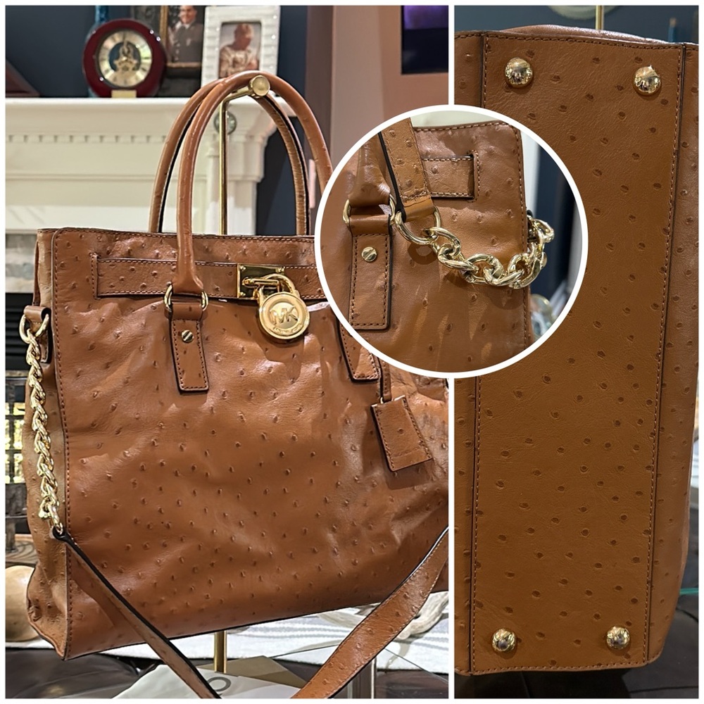 Authentic Michael Kors Large Hamilton Ostrich Embossed Leather Shoulder Satchel